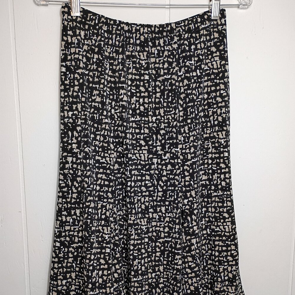 VTG Womens 8 Petite Black Tan Spotted Slinky Midi Skirt Dark Academia Grandma